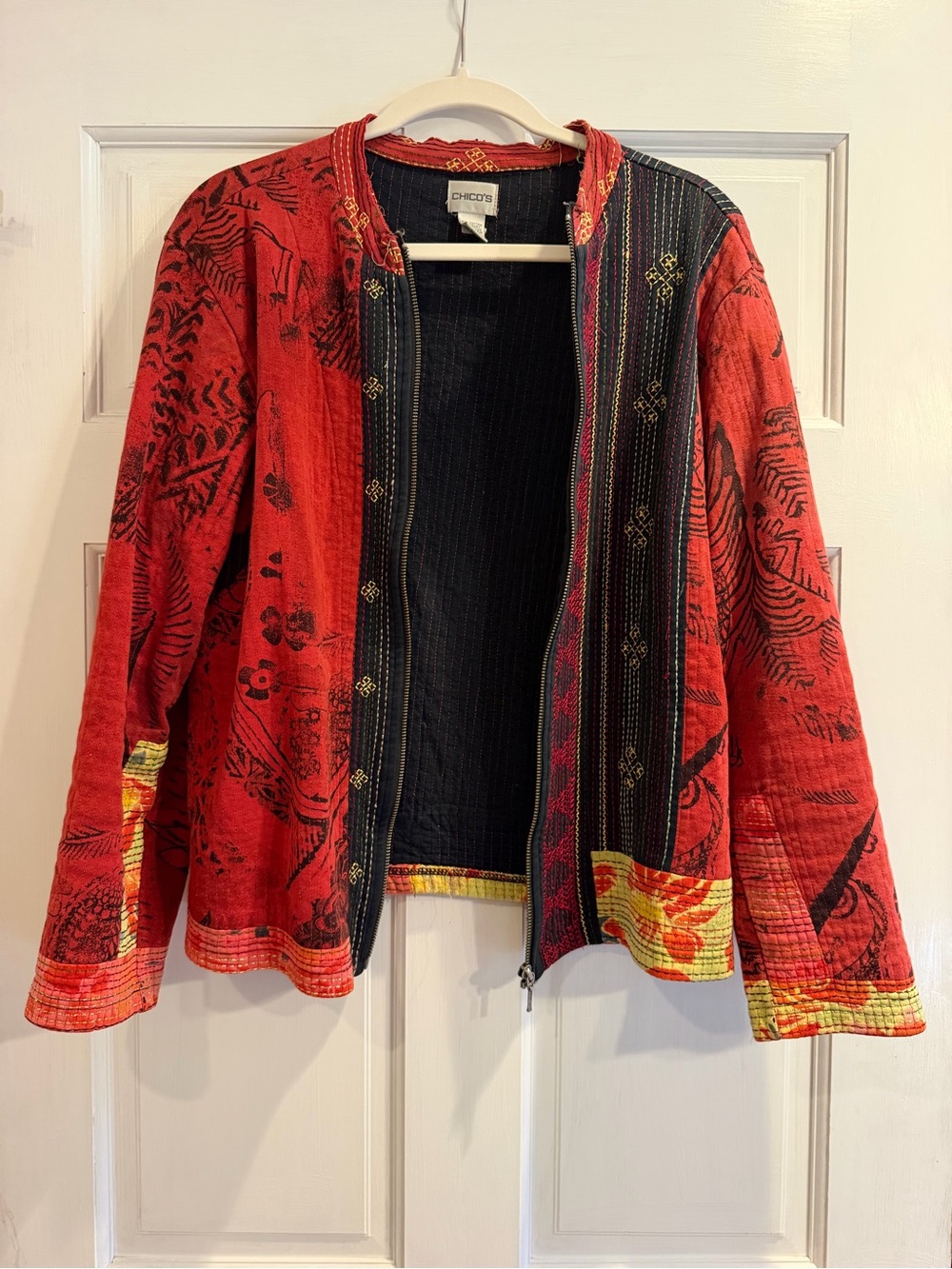 Chico's Red & Black Quilted Patterned Utility Jacket with Yellow Accents